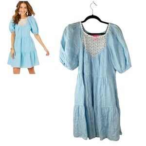 Lilly Pulitzer Charlet Short Sleeve Linen Tiered Dress Blue 012832 Size 10